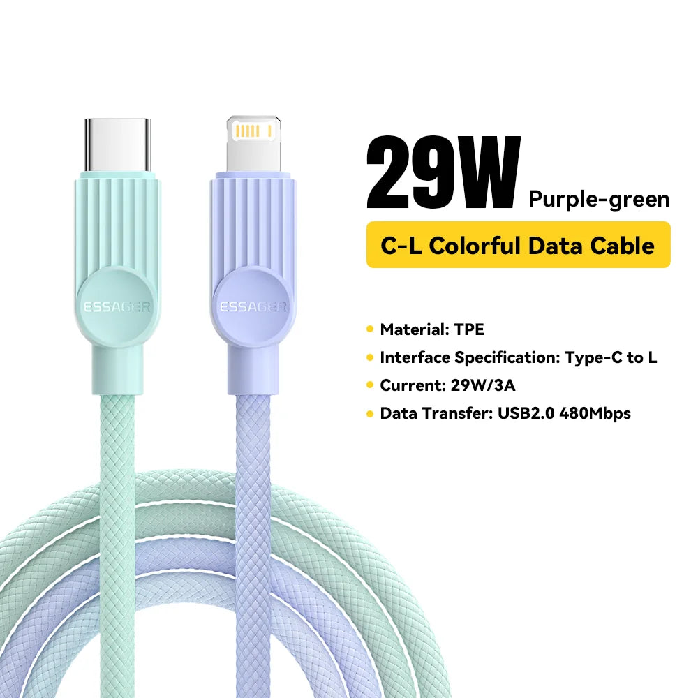 Câble Essager 29W Type‑C vers Lightning Macaron Charge Rapide