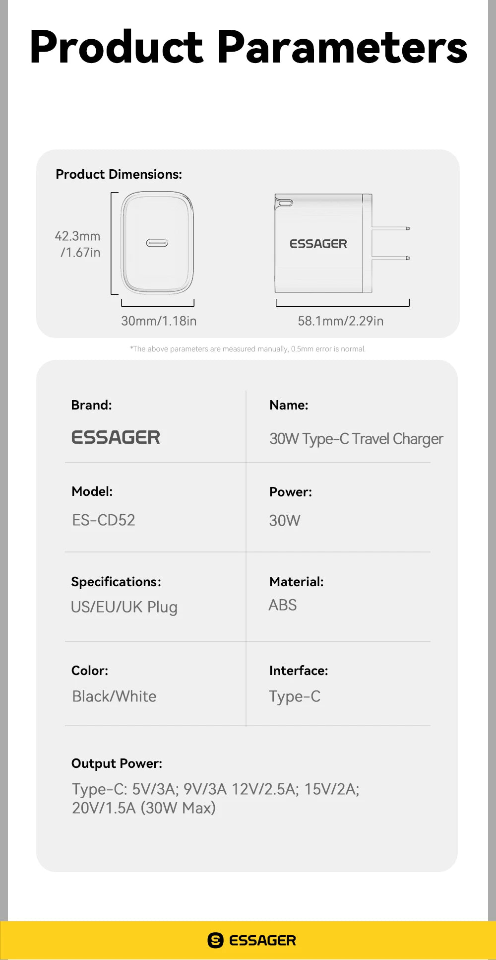 Essager chargeur Mini 30W Type‑C – Chargeur compatible avec tous les téléphones