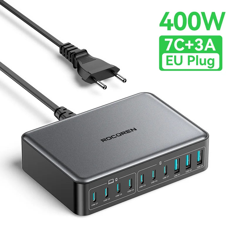 Rocoren Energy Station 400W – Chargeur GaN USB‑C 10‑en‑1 Portable pour Bureau