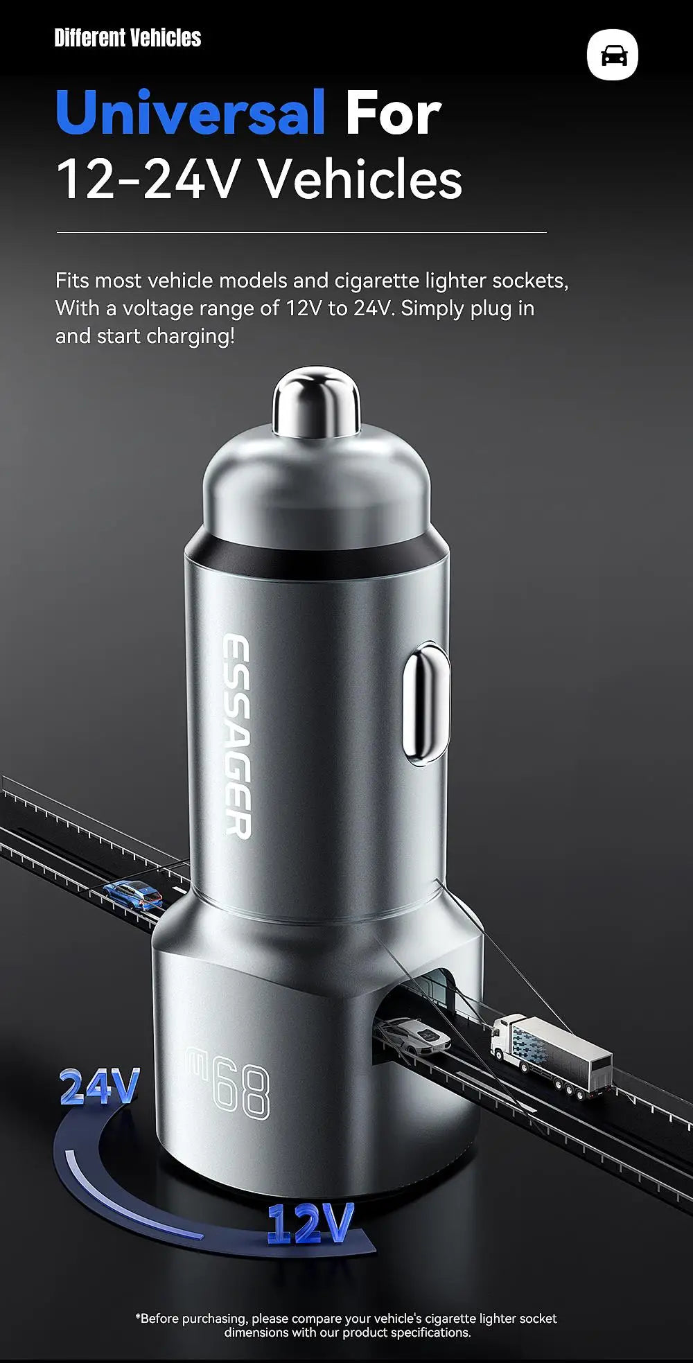 Chargeur voiture Essager 89W — double port QC 4.0/3.0 recharge rapide, USB Type‑C