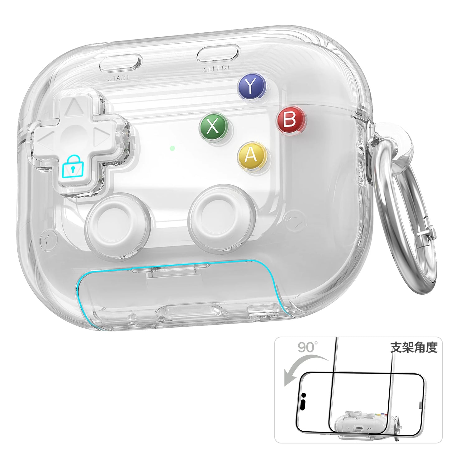 Étui pour écouteurs Apple, design gaming rigide avec verrou sécurisé, support téléphone et clip d’attache.