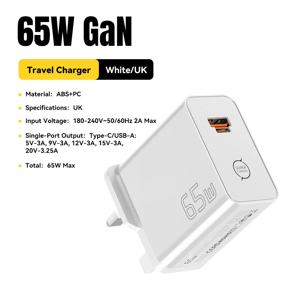 Chargeur ESSAGER GaN 65W USB-C / USB-A – Charge Rapide