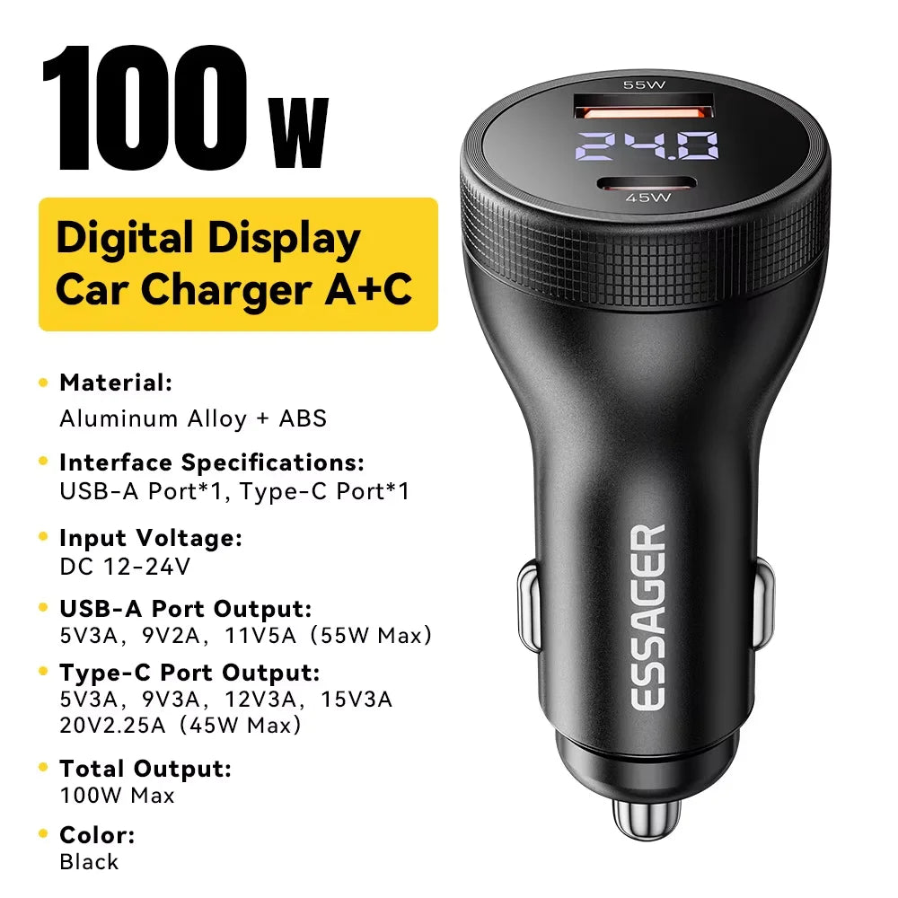 ESSAGER F755 Chargeur Voiture 100W – USB-C 45W + USB-A 55W