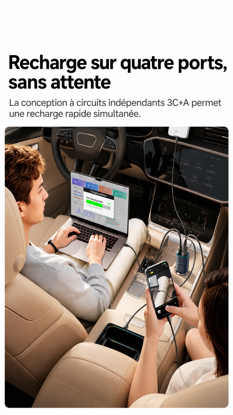 Baseus PrimeTrip VP2 – Chargeur Voiture Magnétique 160W, 3 USB-C + USB-A