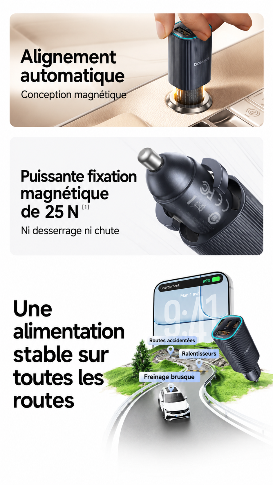Baseus PrimeTrip VP2 – Chargeur Voiture Magnétique 160W, 3 USB-C + USB-A