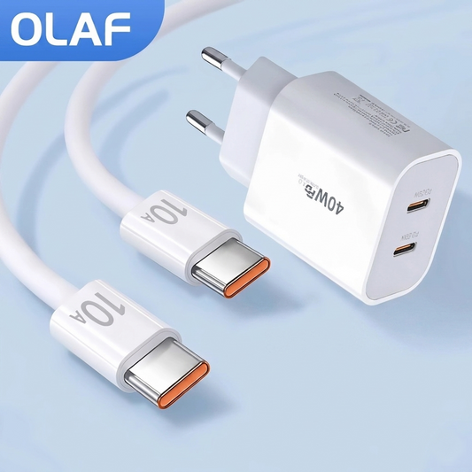 Chargeur OLAF rapide 40W Avec deux sorties USB‑C‑C PD QC3.0 avec câble Type‑C vers Type‑C