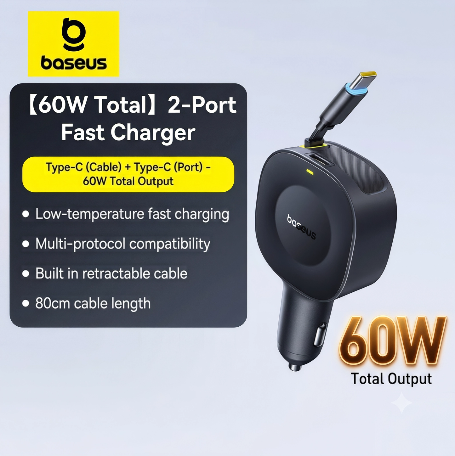 Chargeur voiture Baseus 60W câble rétractable 30W + port Type‑C 30W