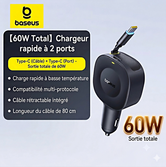 Chargeur voiture Baseus 60W câble rétractable 30W + port Type‑C 30W