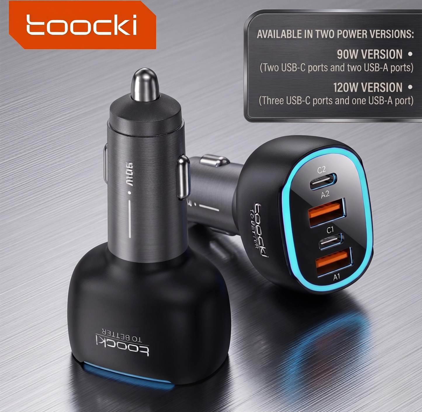 Chargeur TOOCKI à charge rapide avec quatre ports, disponible en versions 90W et 120W.