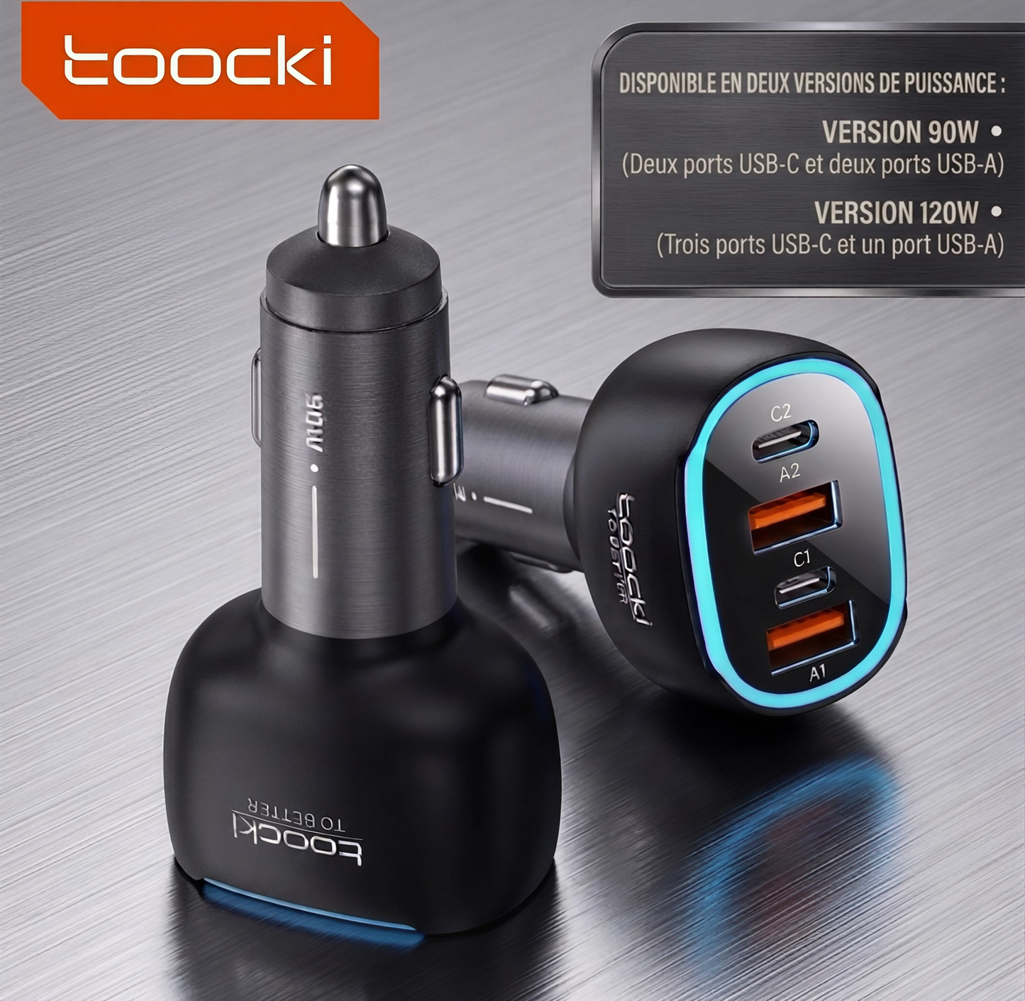 Chargeur TOOCKI à charge rapide avec quatre ports, disponible en versions 90W et 120W.