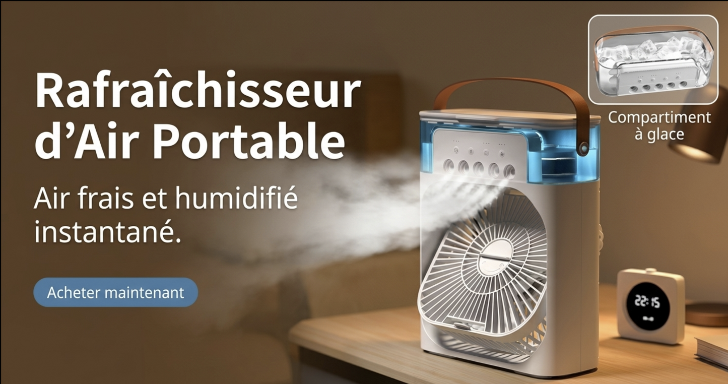 Ventilateur Portable 3‑en‑1, Mini Climatiseur, Humidificateur & Veilleuse LED pour Maison et Bureau