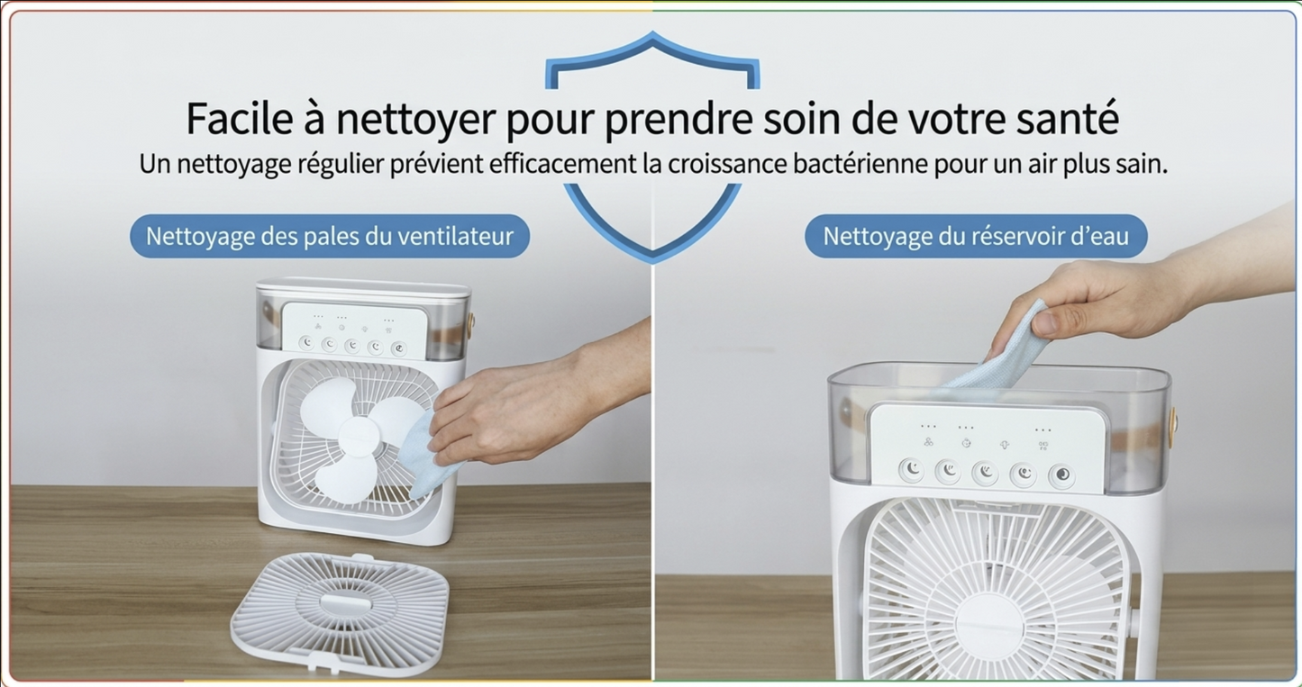 Ventilateur Portable 3‑en‑1, Mini Climatiseur, Humidificateur & Veilleuse LED pour Maison et Bureau