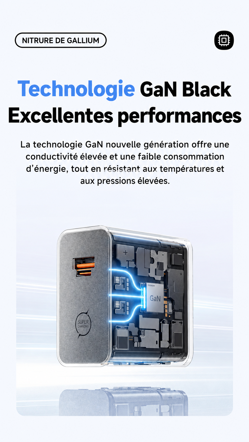 Chargeur ESSAGER GaN 65W USB-C / USB-A – Charge Rapide