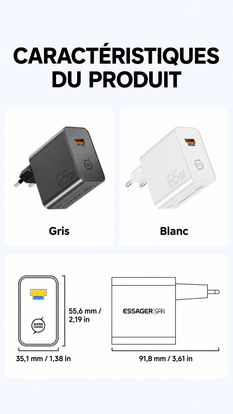 Chargeur ESSAGER GaN 65W USB-C / USB-A – Charge Rapide