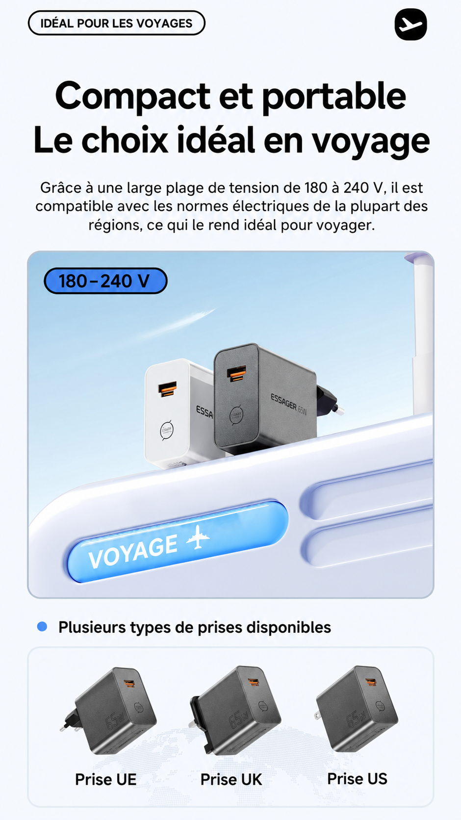Chargeur ESSAGER GaN 65W USB-C / USB-A – Charge Rapide