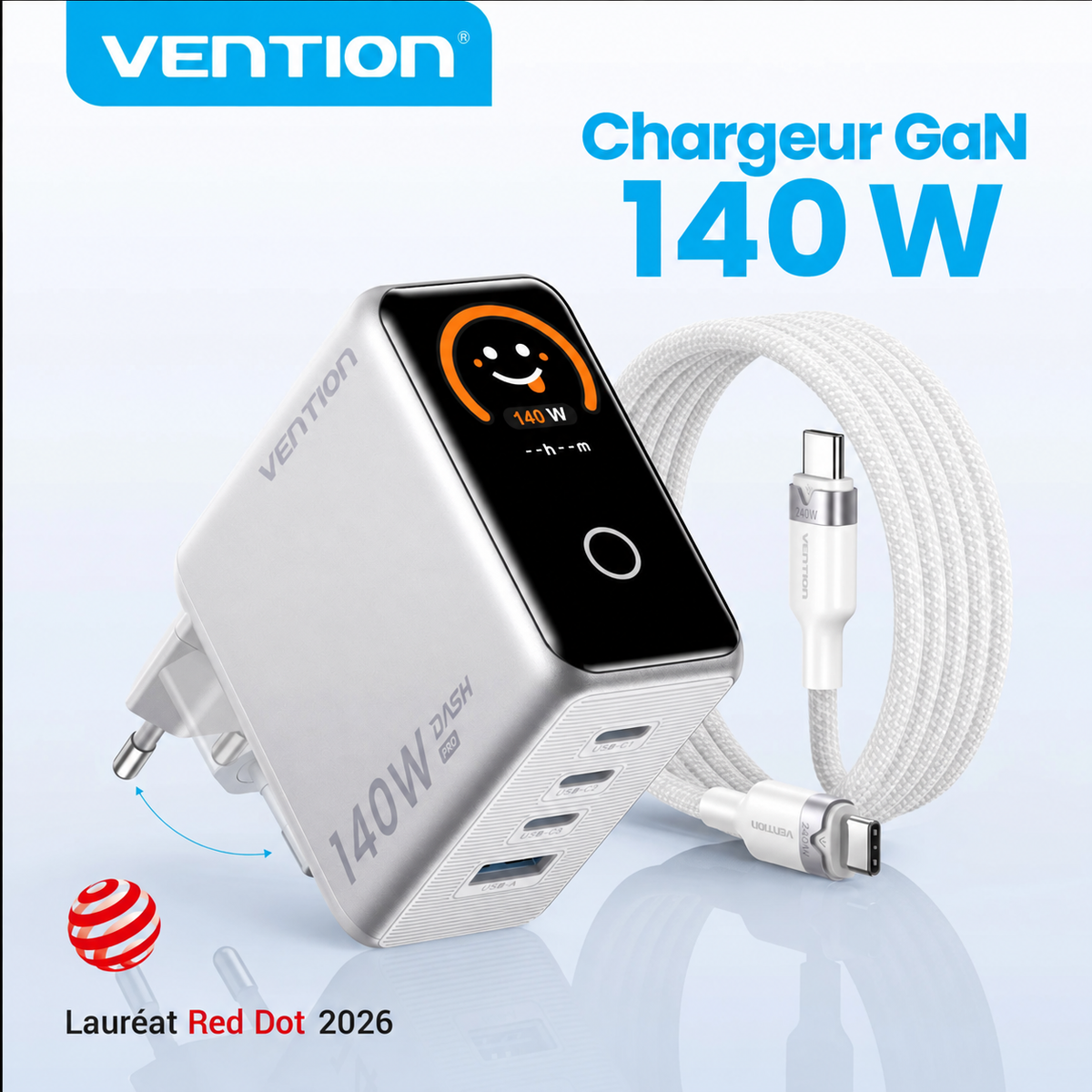 Chargeur Vention Dash Pro 140W GaN 5.0 avec écran intelligent