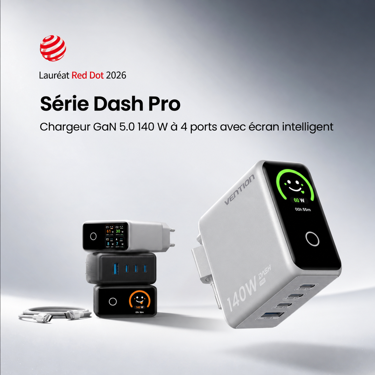 Chargeur Vention Dash Pro 140W GaN 5.0 avec écran intelligent