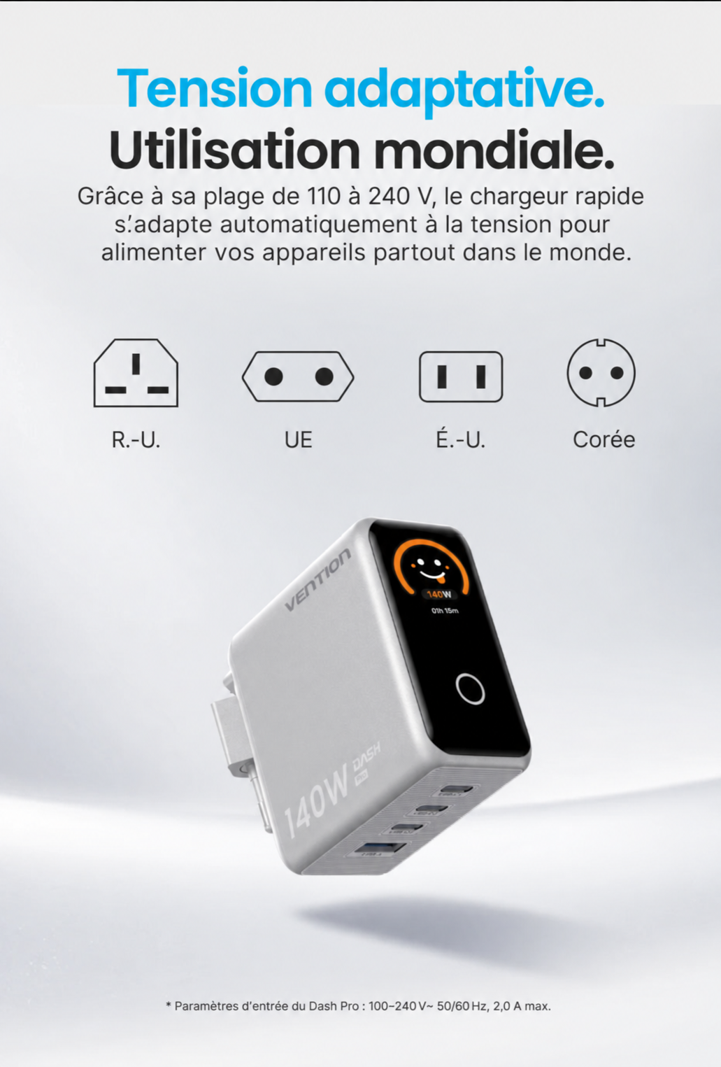 Chargeur Vention Dash Pro 140W GaN 5.0 avec écran intelligent