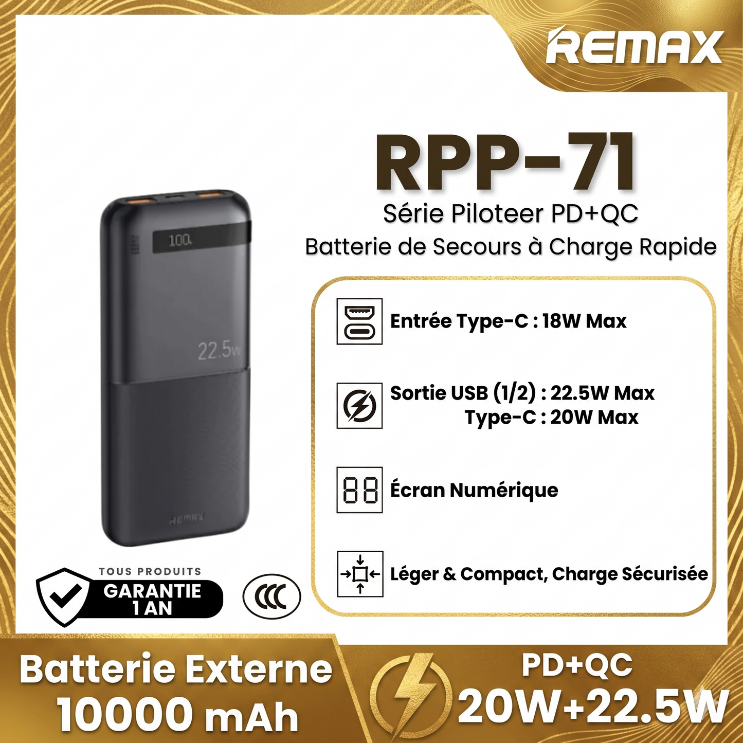 Batterie de Secours à Charge Rapid . Série Piloteer PD+QC