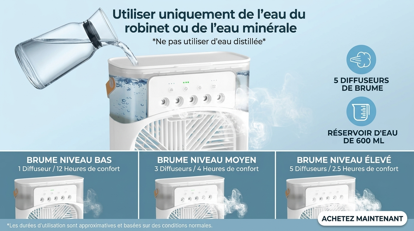 OIMG – Ventilateur Portable 3‑en‑1, Mini Climatiseur, Humidificateur & Veilleuse LED pour Maison et Bureau