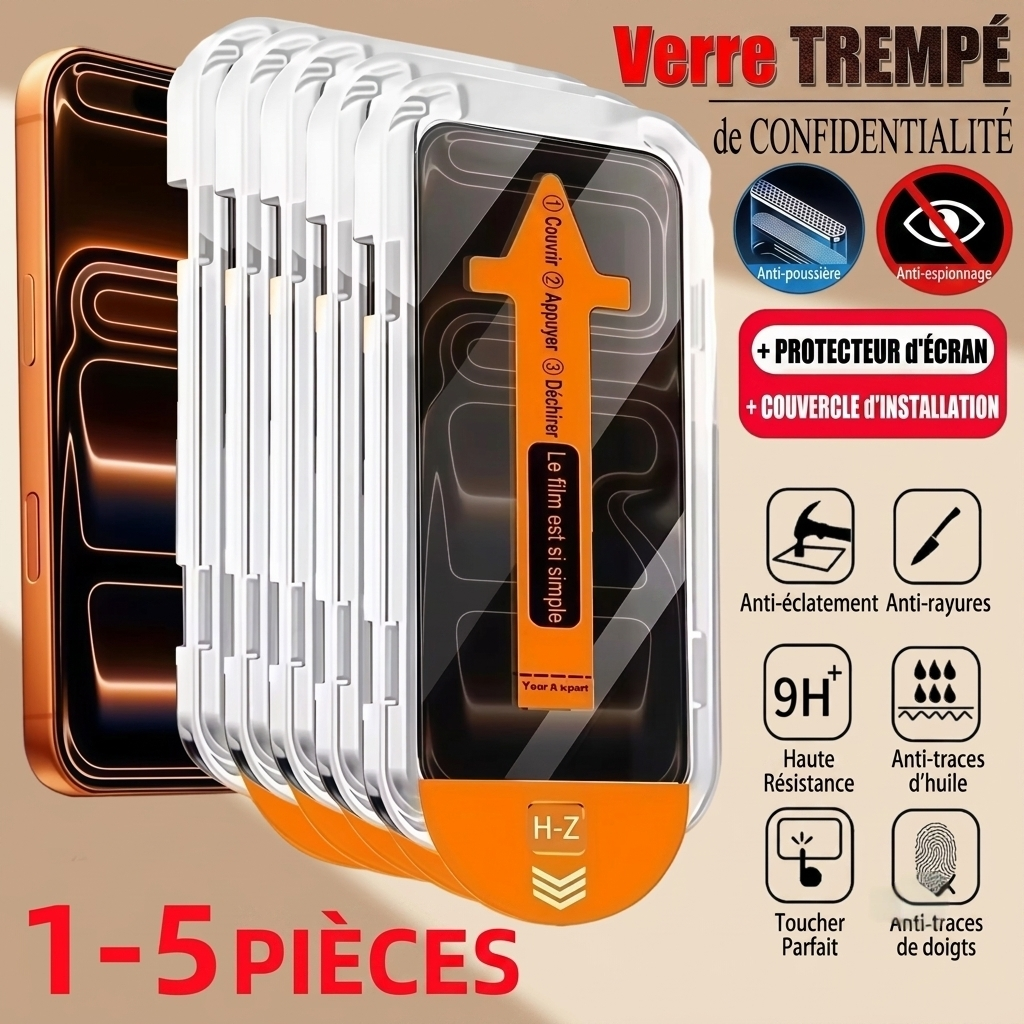 1–5 pièces — Verre trempé anti‑espion avec installation sans poussière pour iPhone