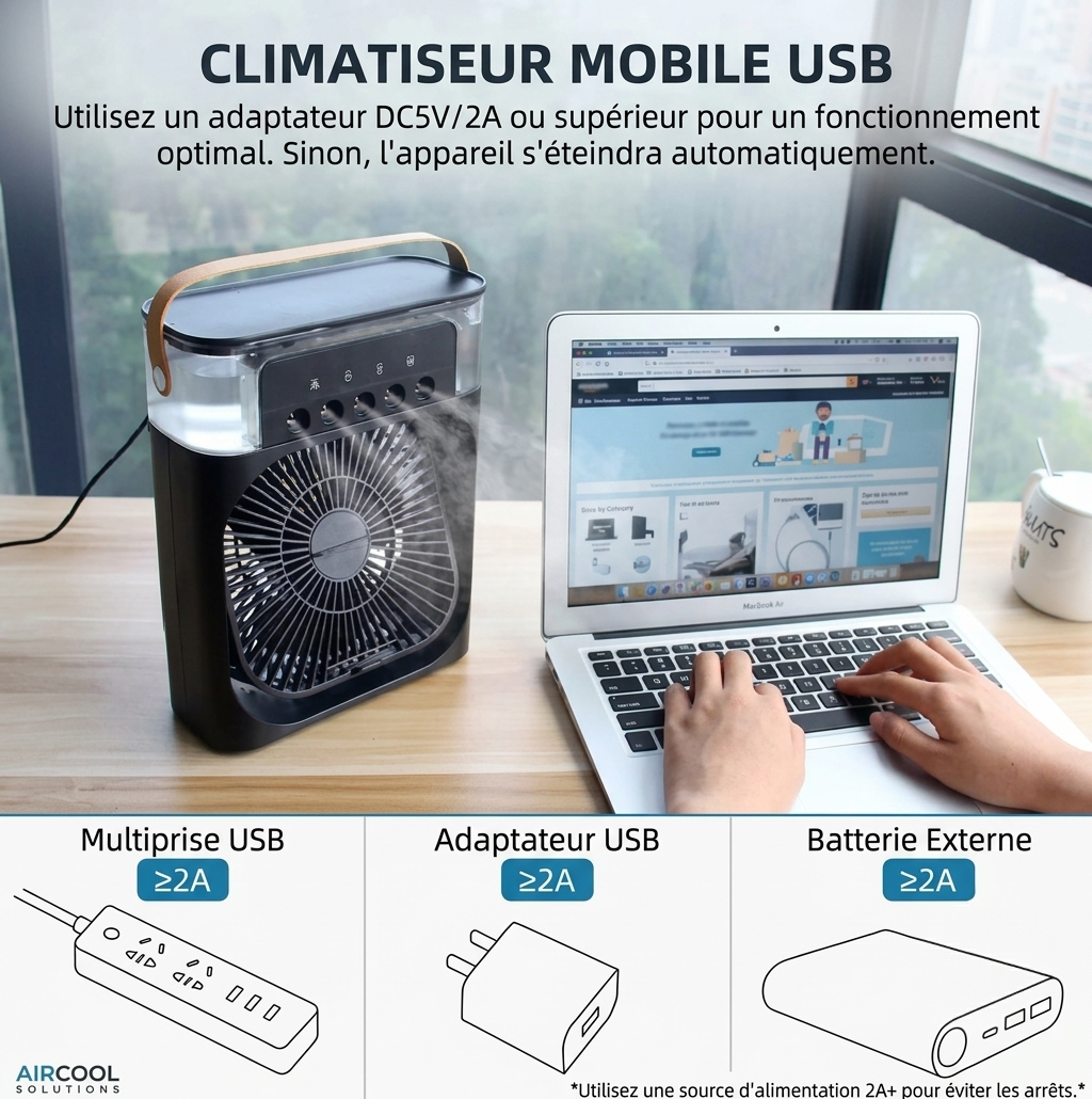 OIMG – Ventilateur Portable 3‑en‑1, Mini Climatiseur, Humidificateur & Veilleuse LED pour Maison et Bureau