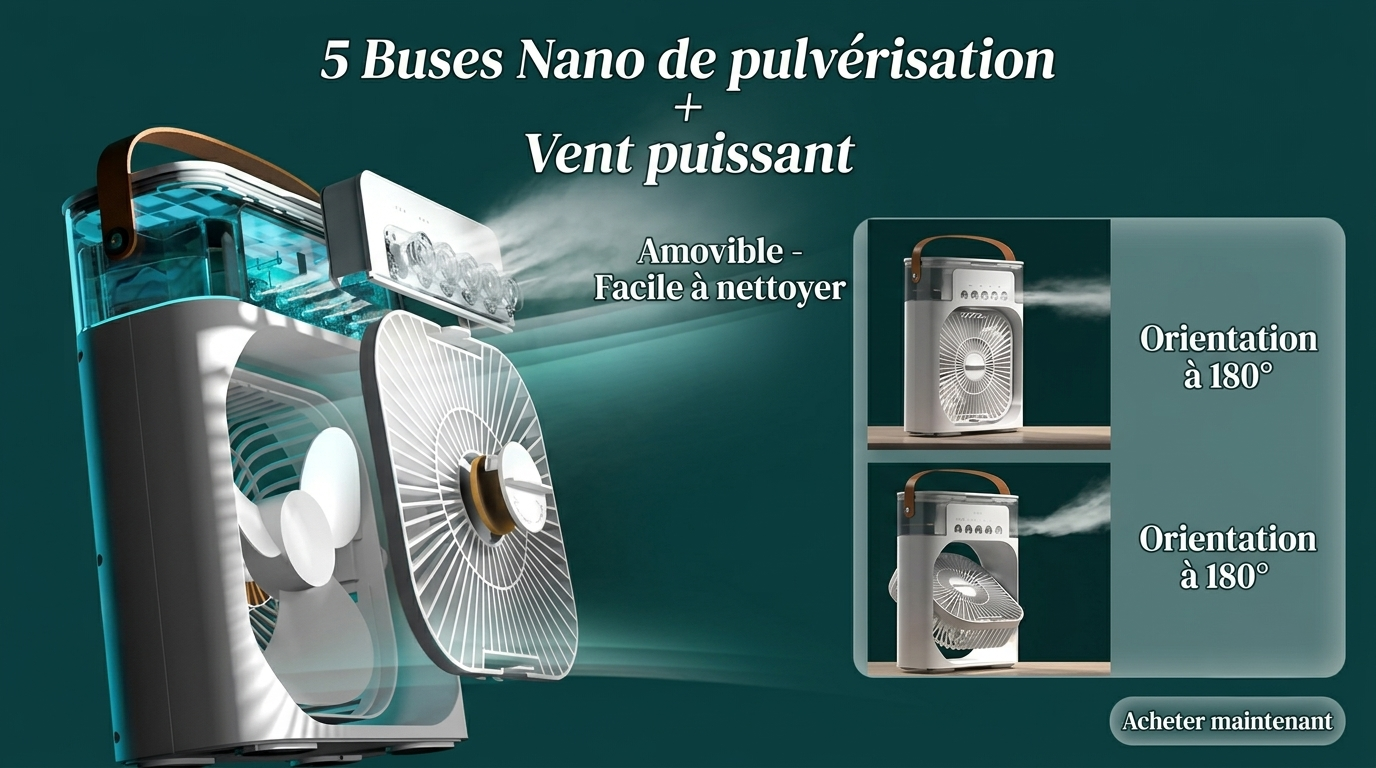 OIMG – Ventilateur Portable 3‑en‑1, Mini Climatiseur, Humidificateur & Veilleuse LED pour Maison et Bureau