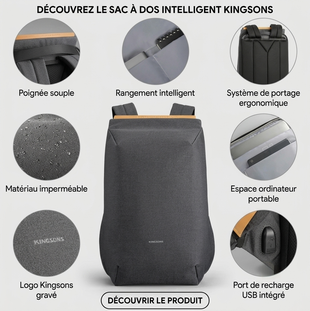 Kingsons Sac à dos antivol KS3207W pour ordinateur 15,6″ avec port USB