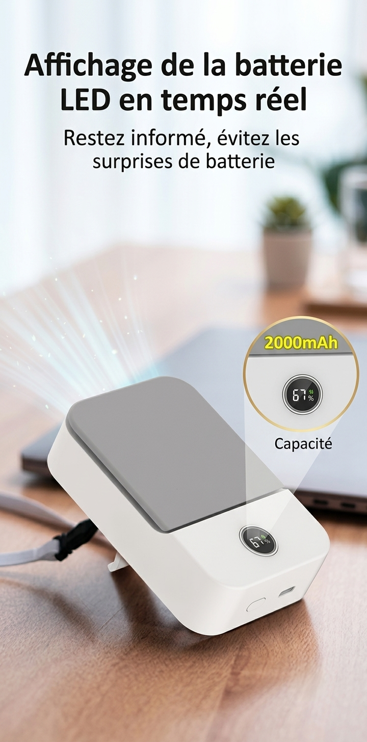 Mini ventilateur de cou portable sans lame, refroidisseur d'air, USB, 2000mAh, 3 vitesses