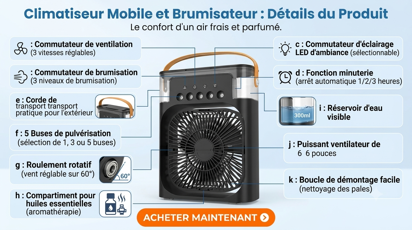 OIMG – Ventilateur Portable 3‑en‑1, Mini Climatiseur, Humidificateur & Veilleuse LED pour Maison et Bureau