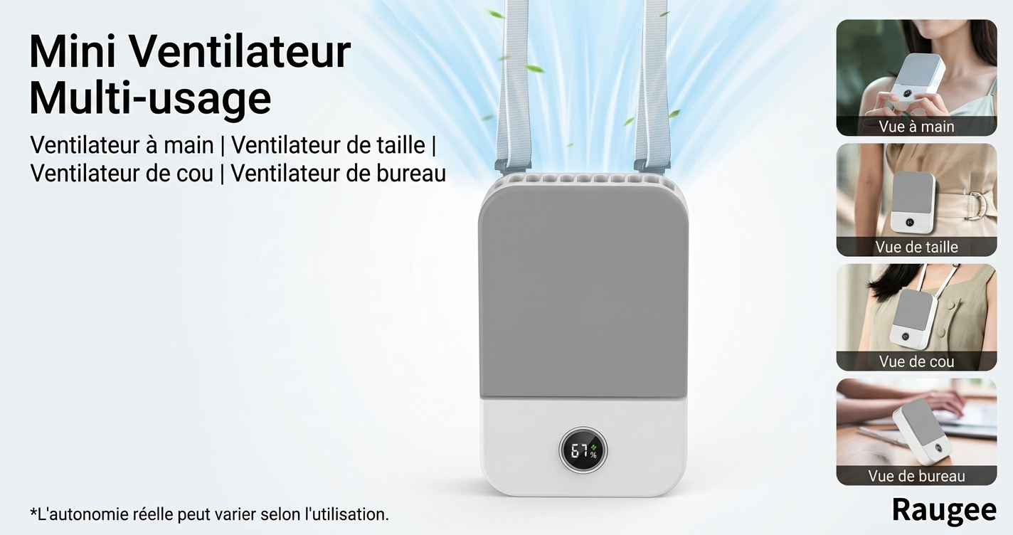 Mini ventilateur de cou portable sans lame, refroidisseur d'air, USB, 2000mAh, 3 vitesses