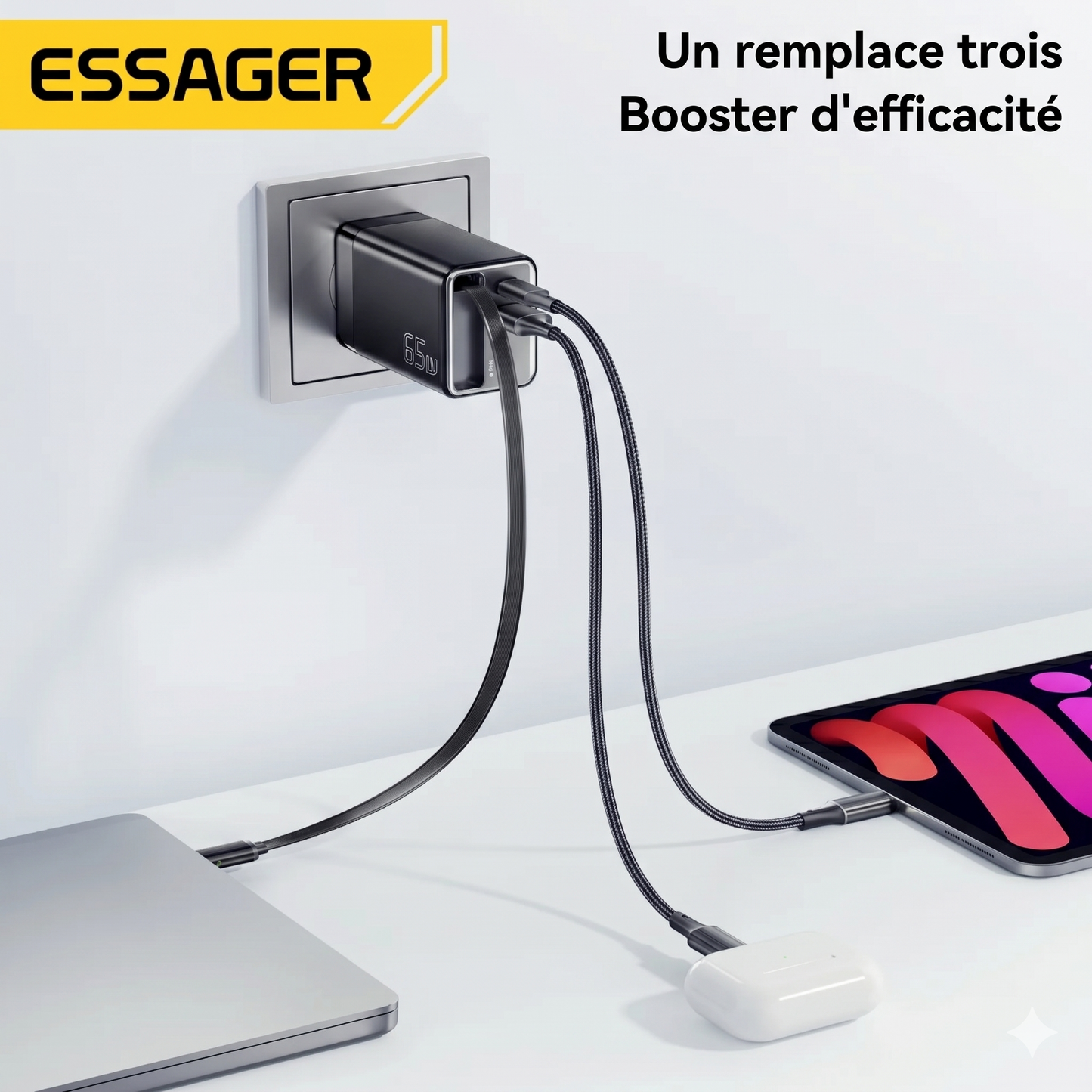 Chargeur Essager 65W GaN avec câble rétractable
