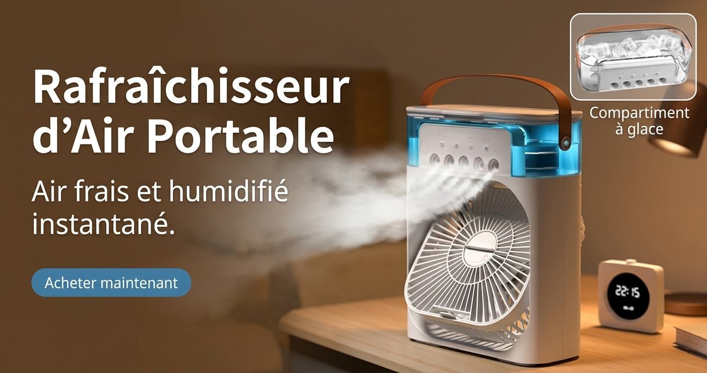 OIMG – Ventilateur Portable 3‑en‑1, Mini Climatiseur, Humidificateur & Veilleuse LED pour Maison et Bureau
