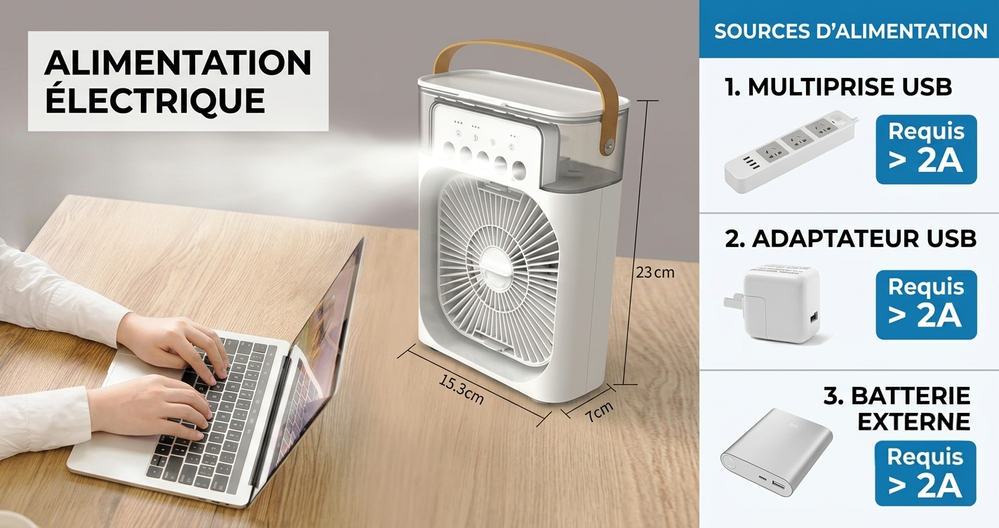 OIMG – Ventilateur Portable 3‑en‑1, Mini Climatiseur, Humidificateur & Veilleuse LED pour Maison et Bureau
