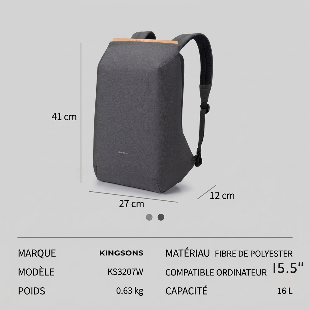 Kingsons Sac à dos antivol KS3207W pour ordinateur 15,6″ avec port USB