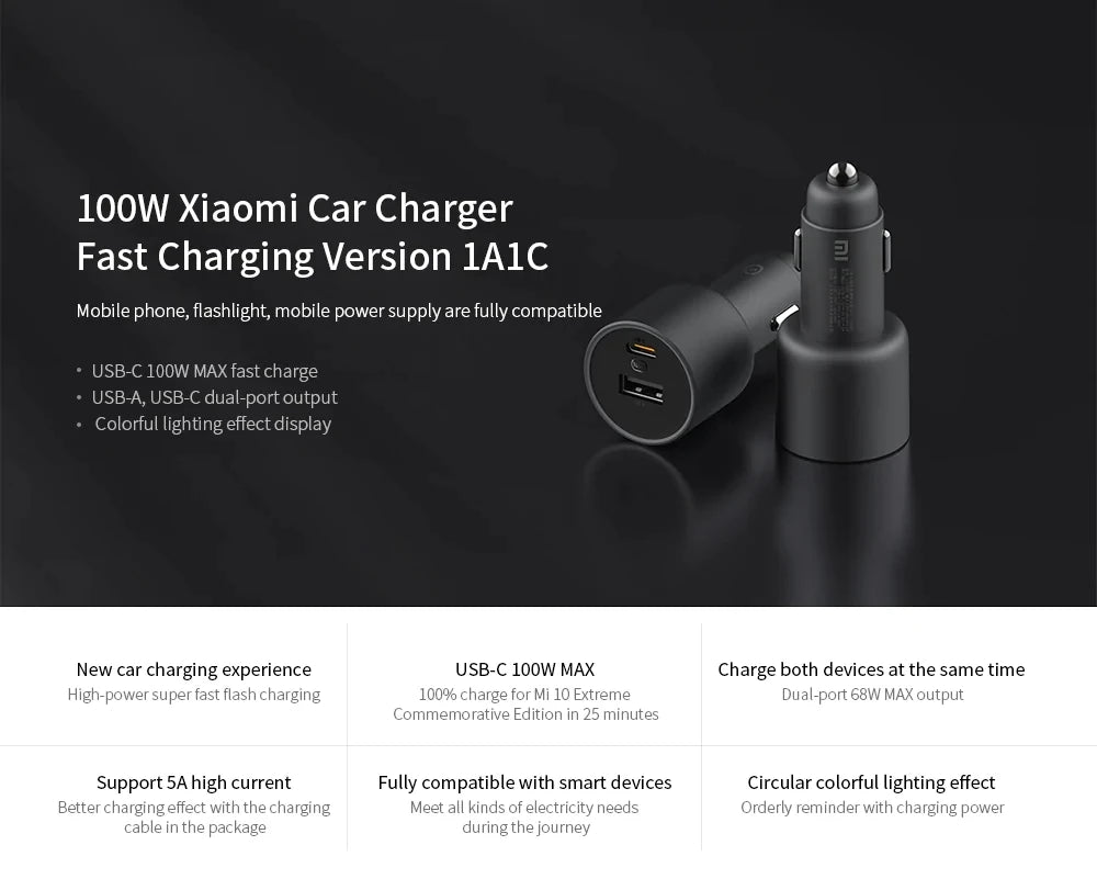 Chargeur voiture Xiaomi 100W Max avec charge ultra‑rapide USB‑C et USB‑A