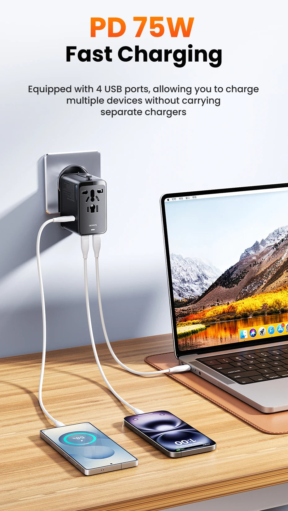 oocki GaN 75W – Adaptateur de voyage universel pour 200 pays – 5‑en‑1 : 1 prise AC universelle + 4 ports de charge (USB‑C & USB‑A)