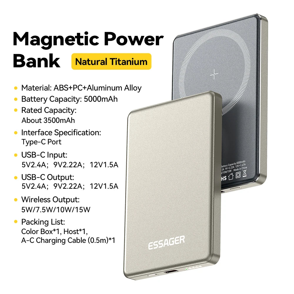 Essager Power Bank Magnétique Sans Fil 20W 5000mAh Ultra‑Fin, Batterie Externe