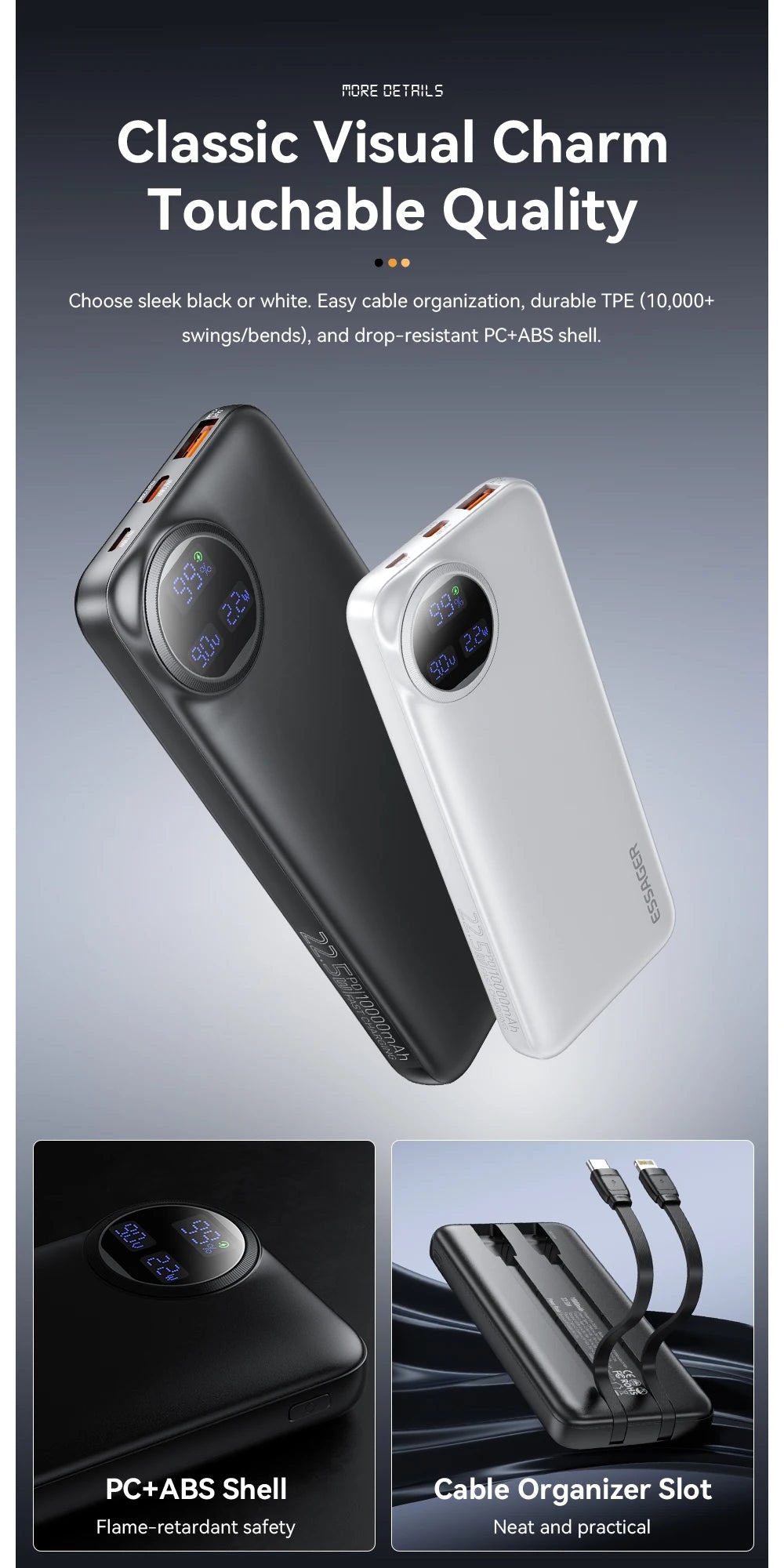 Essager Power Bank 22.5W avec Câble Intégré – Affichage Numérique – 20000mAh / 10000mAh