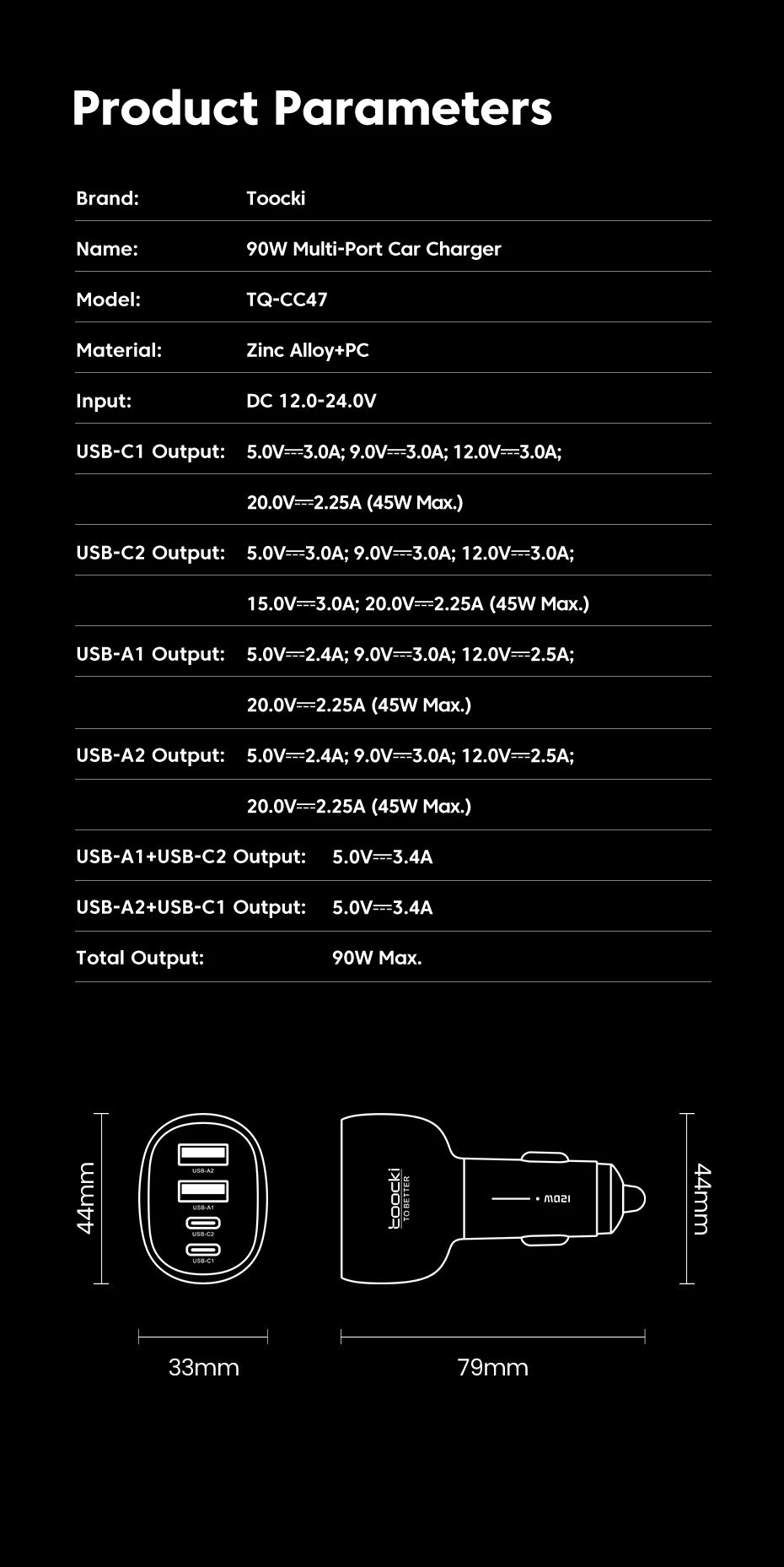 Chargeur TOOCKI à charge rapide avec quatre ports, disponible en versions 90W et 120W.