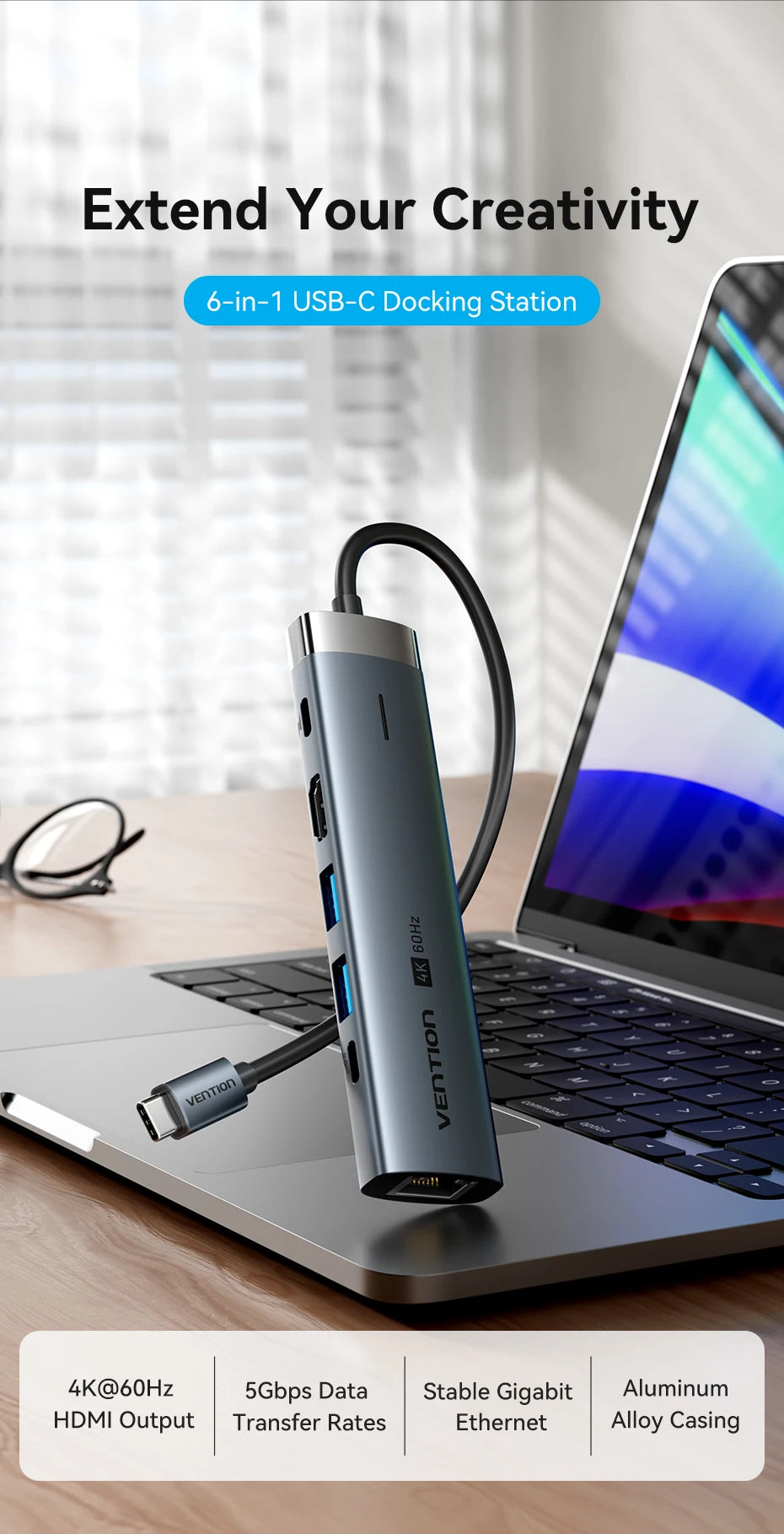 Vention – HUB USB‑C 6‑en‑1 4K60Hz avec RJ45 1000 Mbps & PD 100W