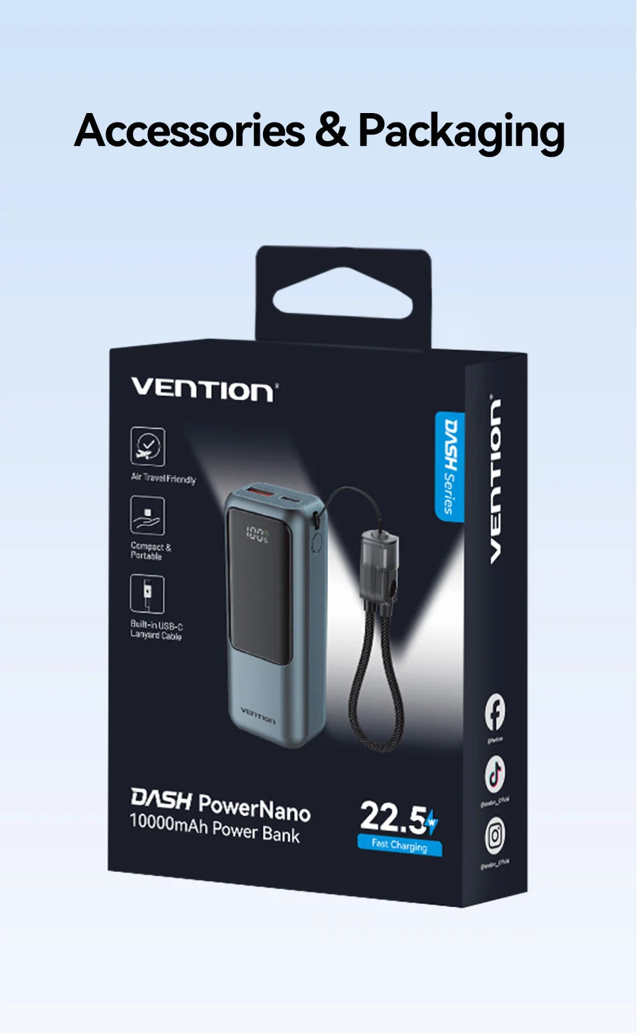 Power bank Vention 10000mAh avec câble USB‑C intégré, charge rapide 22.5W et PD 3.0