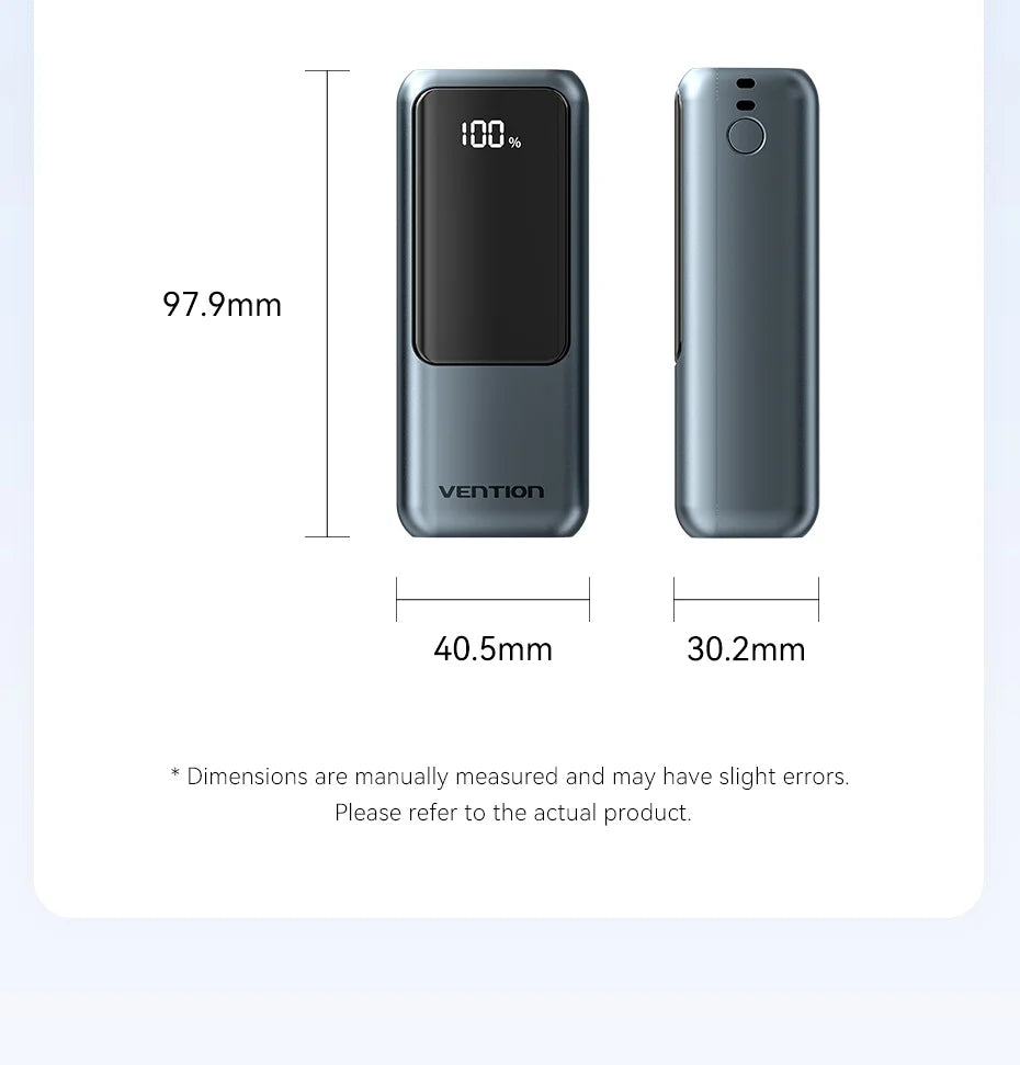 Power bank Vention 10000mAh avec câble USB‑C intégré, charge rapide 22.5W et PD 3.0