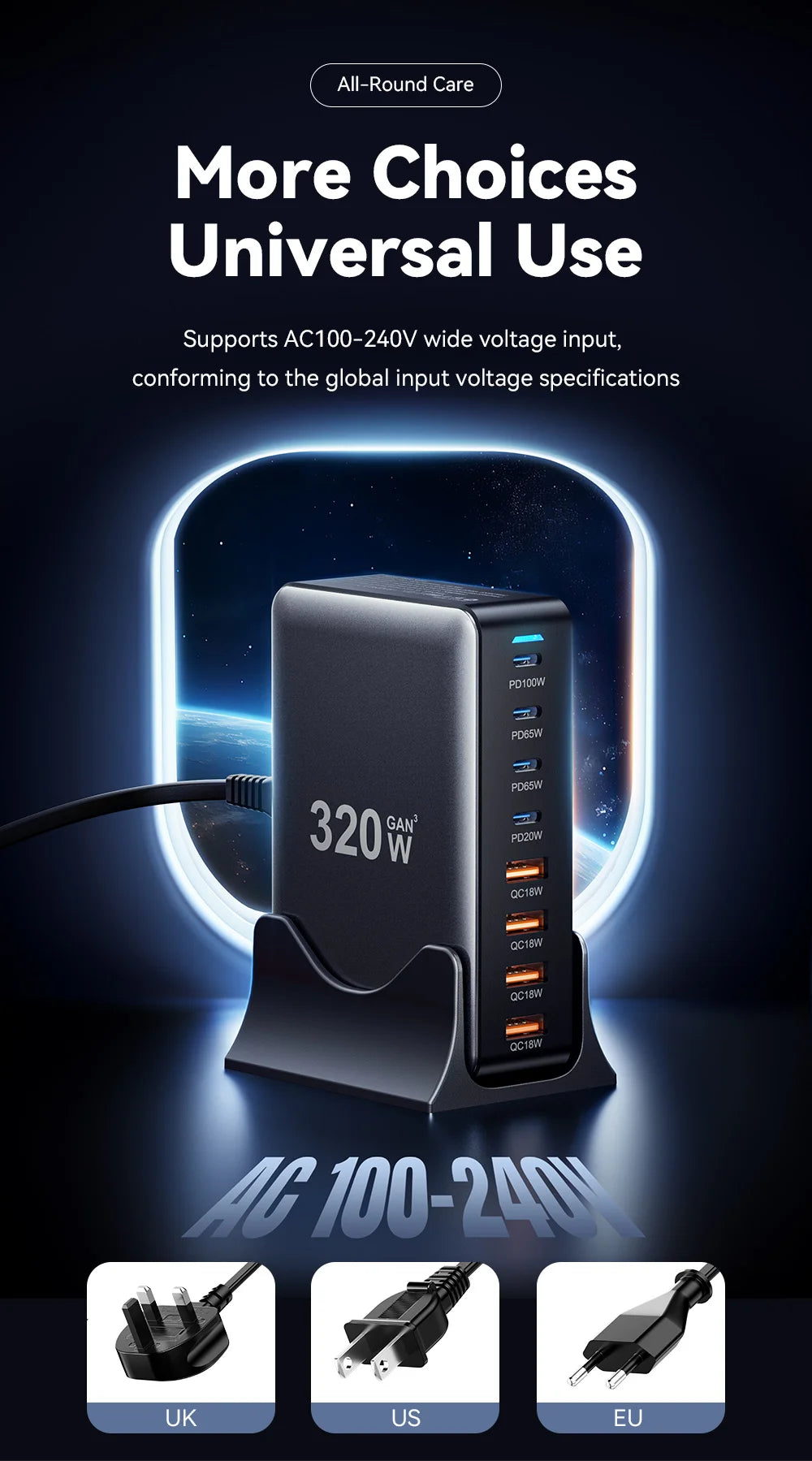 Chargeur rapide GaN Essager 320W, station de charge de bureau