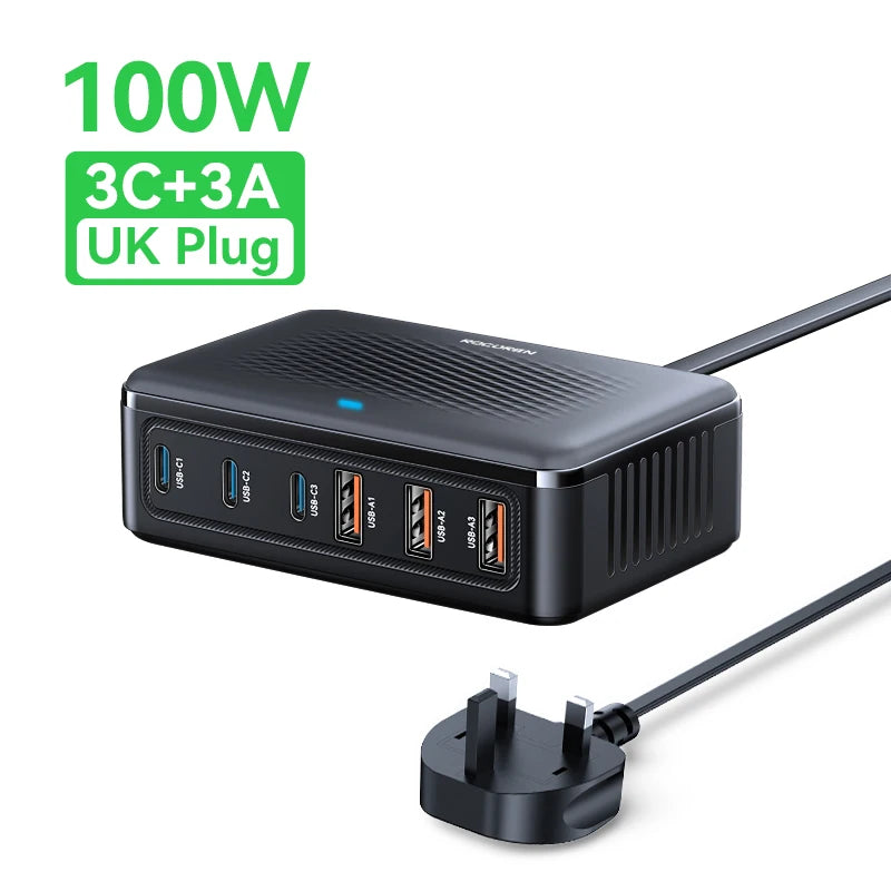 Chargeur Rocoren 100W 6 ports  technologie GaN hub