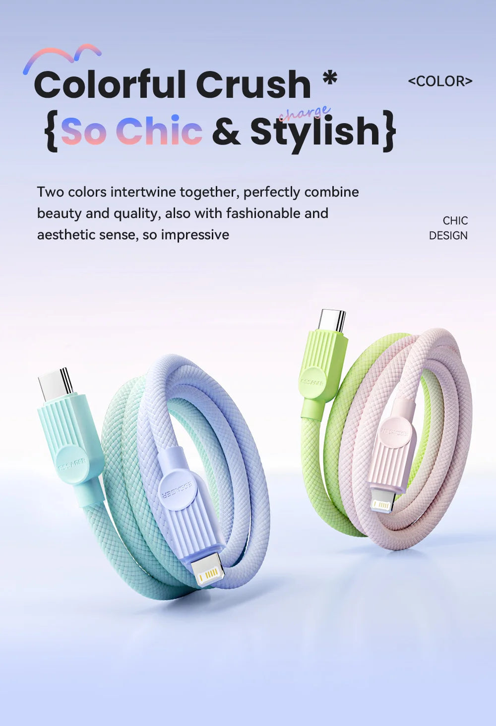 Câble Essager 29W Type‑C vers Lightning Macaron Charge Rapide