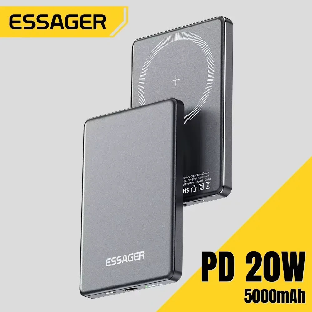 Essager Power Bank Magnétique Sans Fil 20W 5000mAh Ultra‑Fin, Batterie Externe