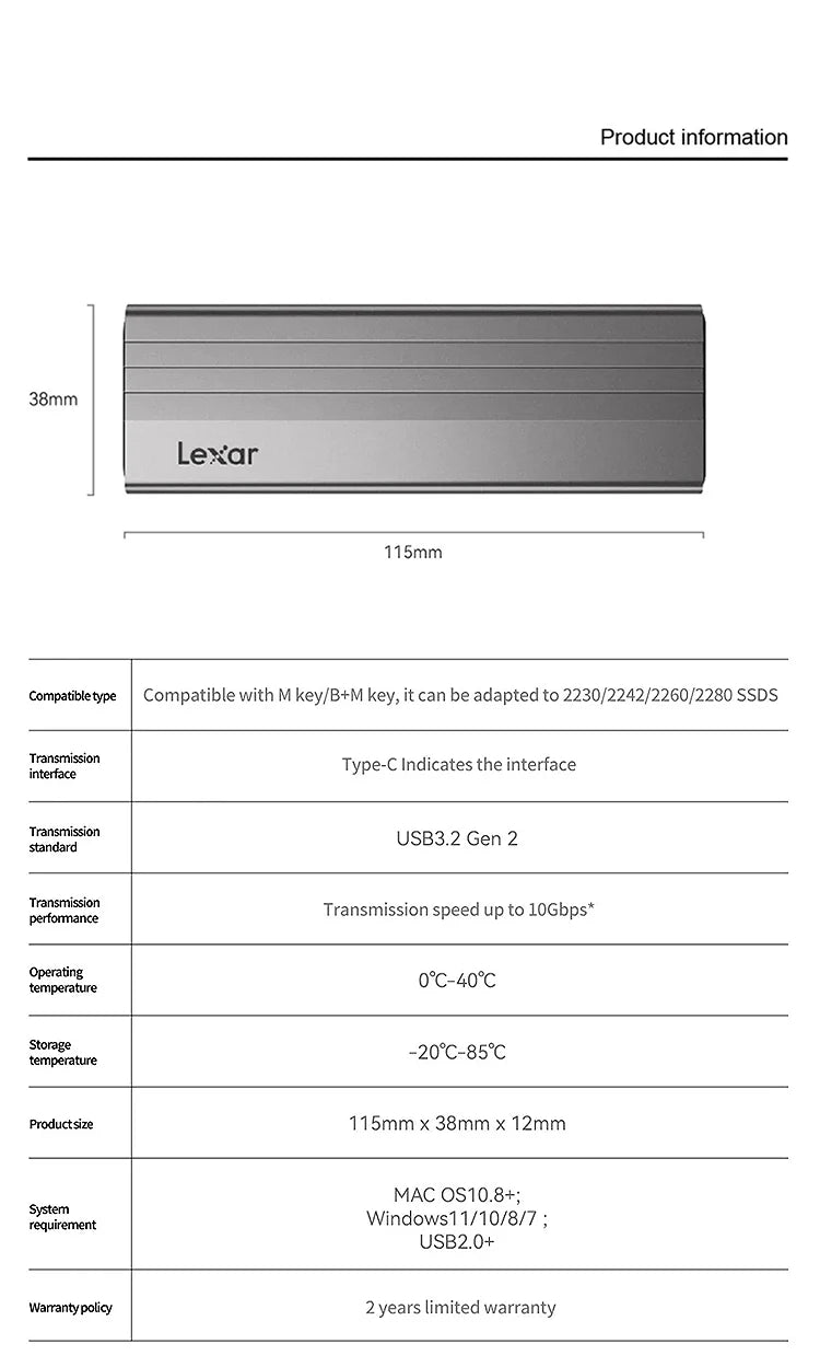 Boîtier Lexar E300 M.2 SSD Original – USB 3.2 Gen 2 Type‑C 10Gbps