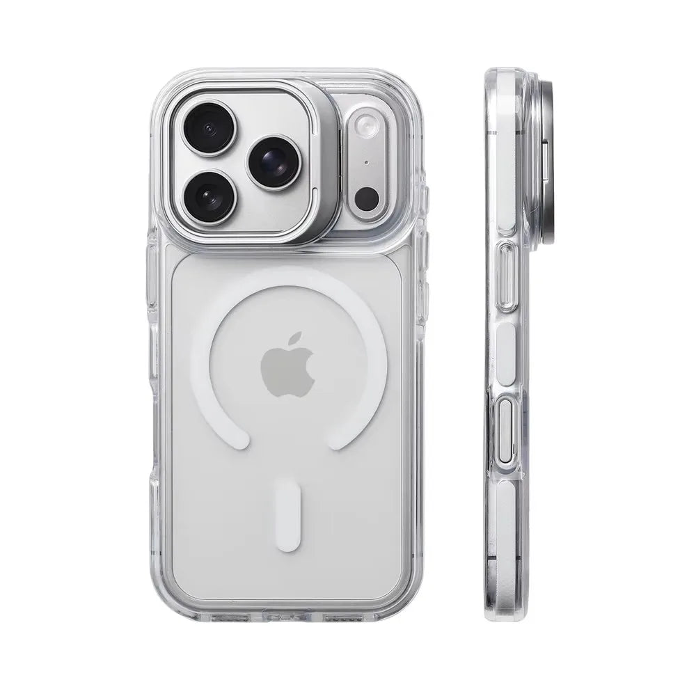 Coque pare‑chocs transparente de luxe MagSafe avec protection d’objectif, compatible iPhone 12 / 13 / 14 / 15 / 16 / 17 (base, Plus, Pro, Pro Max, Air) avec support intégré pour une protection élégante au quotidien.