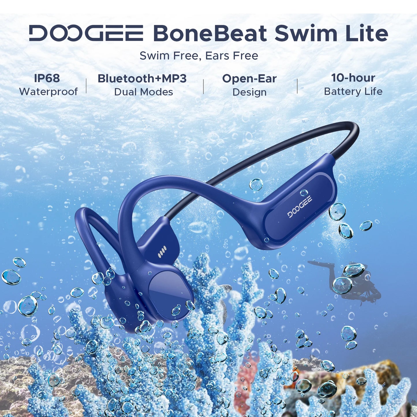 DOOGEE BoneBeat Swim Lite Casque Bluetooth 5.4 à Conduction Osseuse IP68 – 32 Go MP3, Open-Ear, Étanche pour Natation & Sport